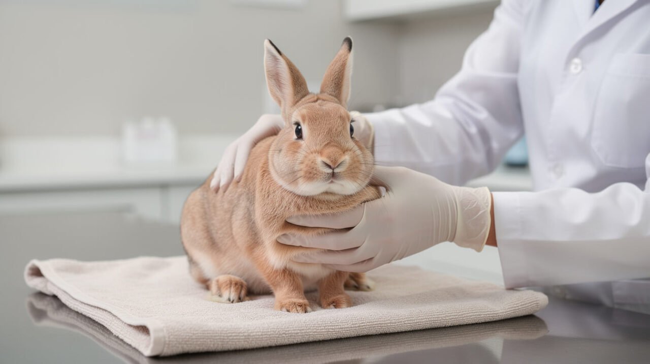Veterinarian gently examining a calm rabbit on a towel-covered exam table