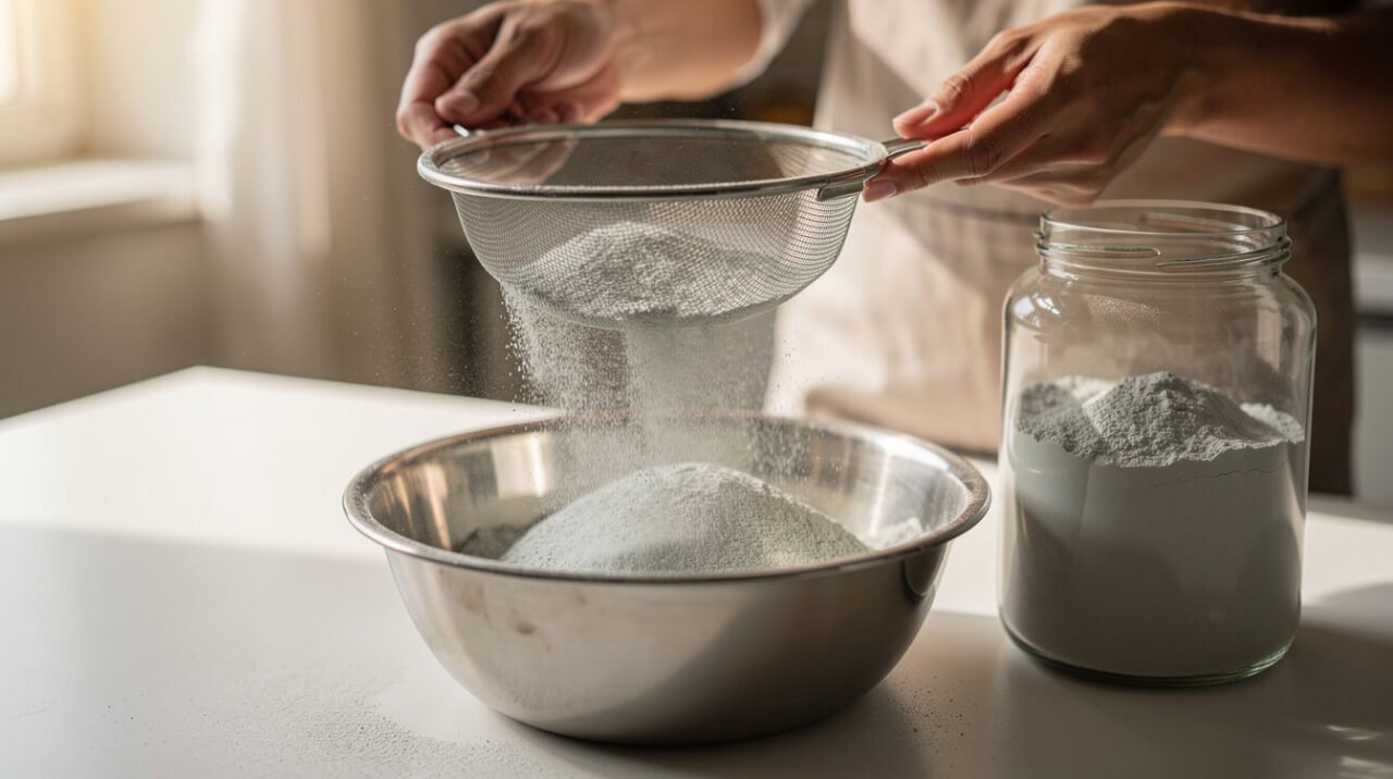 Keeper sifting used chinchilla bathing dust through a fine mesh sieve into a steel bowl