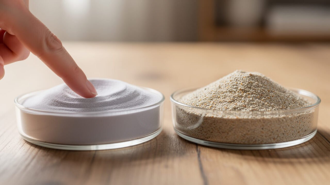 Fine silky chinchilla bathing dust beside coarse granular sand for comparison