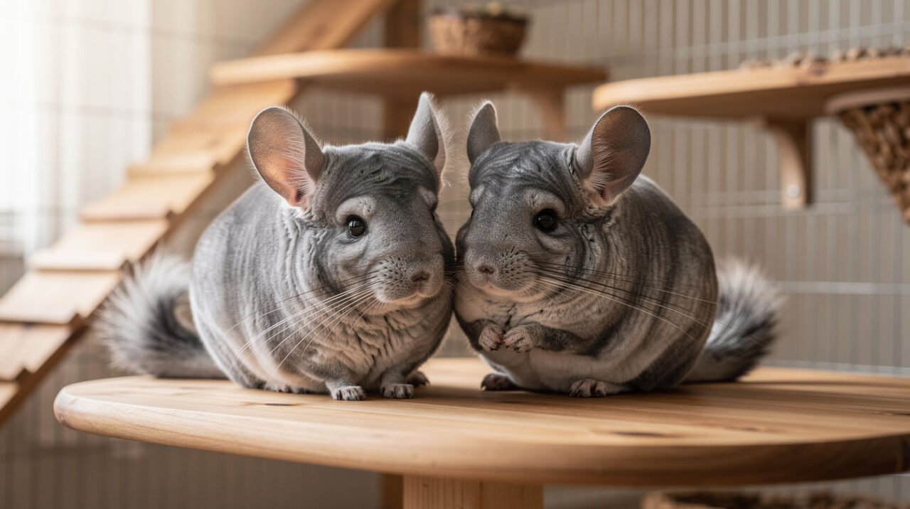 Two healthy gray chinchillas sitting together in a spacious multi-level enclosure
