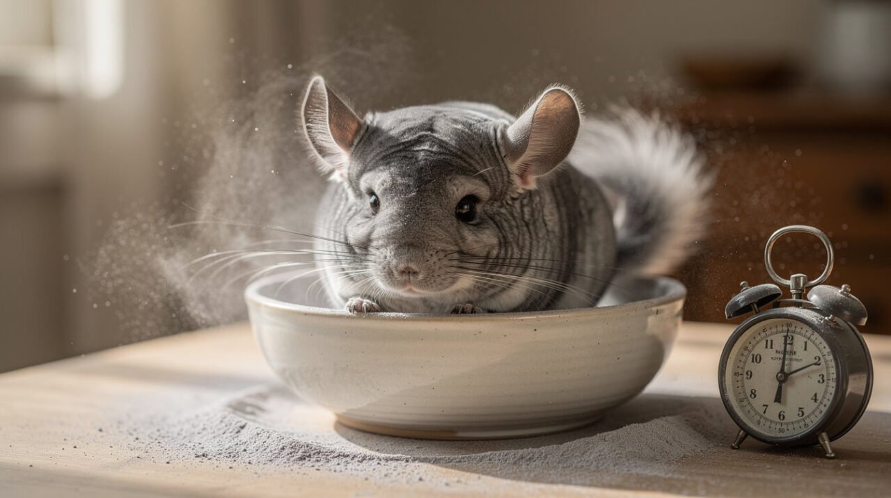 Chinchilla rolling in a ceramic dust bath bowl with a small timer on the table