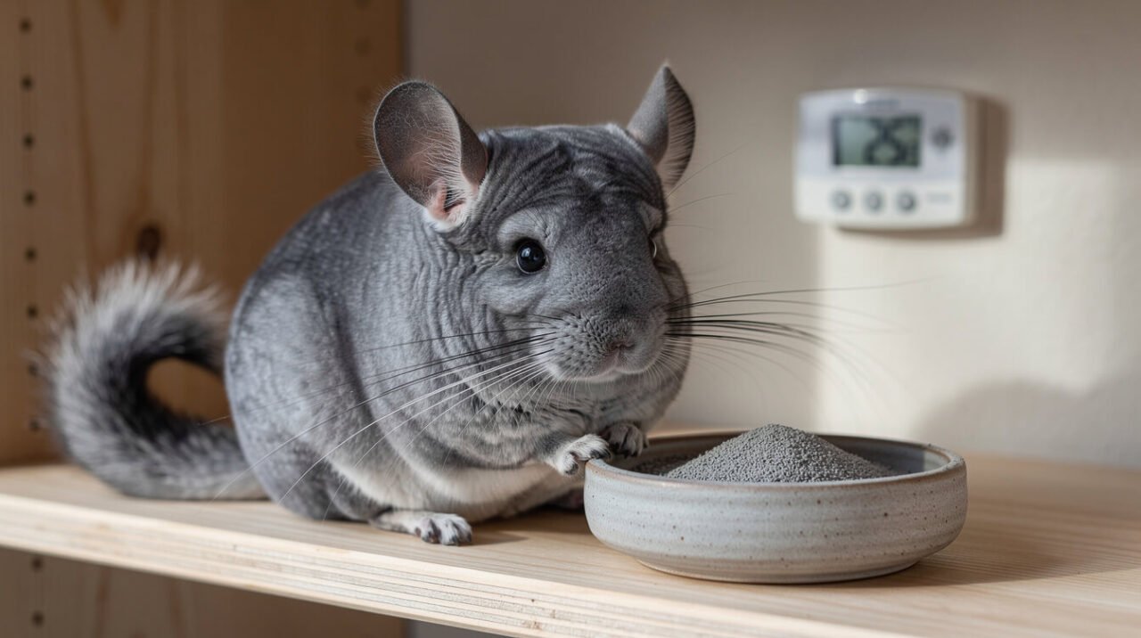 Chinchilla beside a dish of bathing dust with a room thermometer and hygrometer on the wall