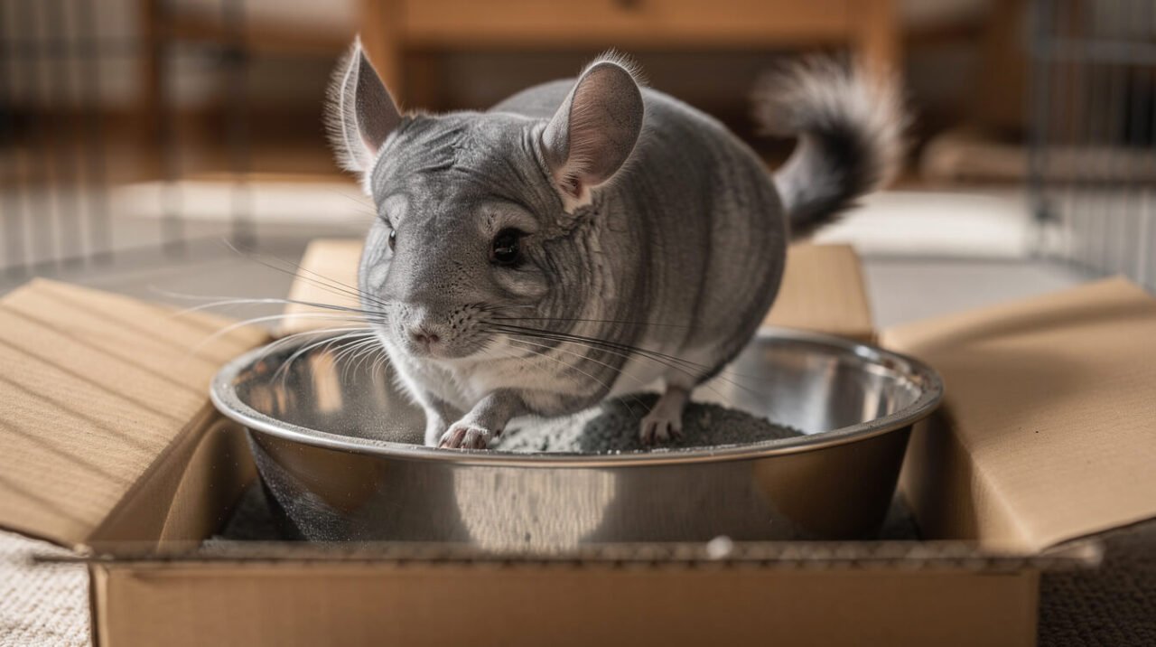 chinchilla dust bath setup with a sturdy steel bowl of dust inside an open cardboard box