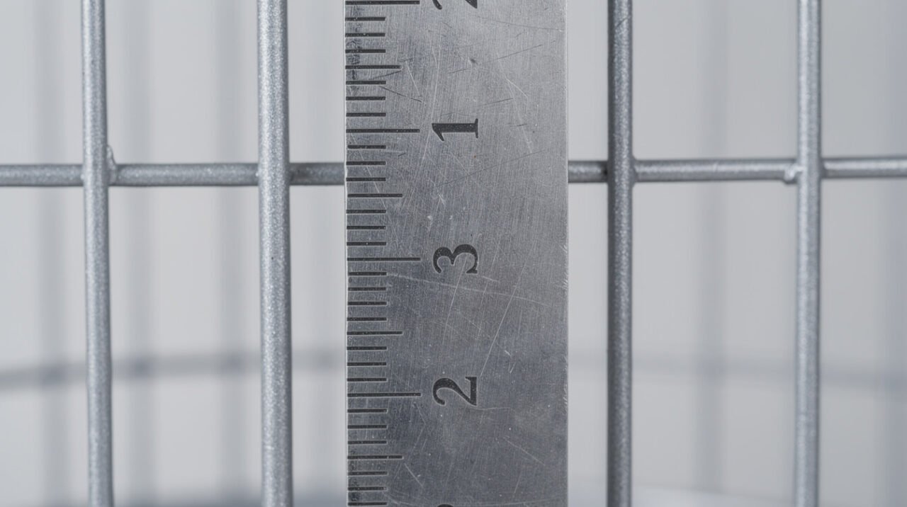 Steel ruler held against powder-coated cockatiel cage bars to measure bar spacing