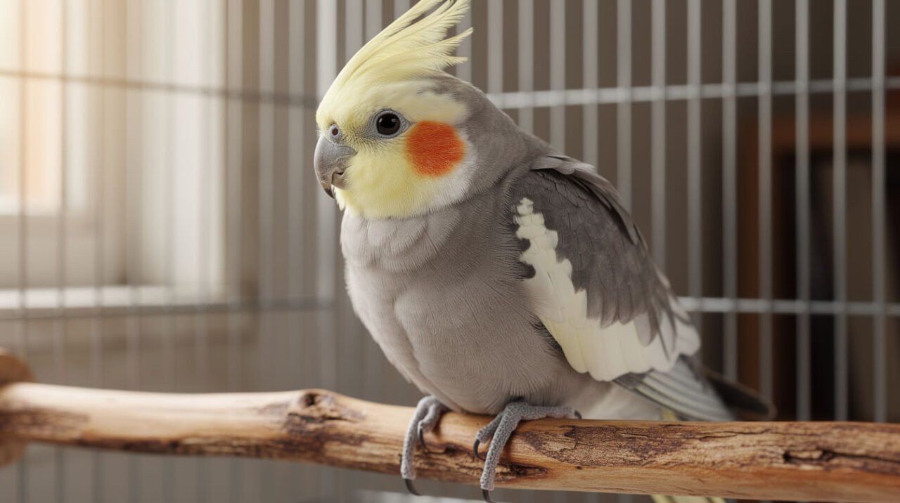 A calm grey cockatiel with orange cheek patches resting on a natural wood perch in its cage