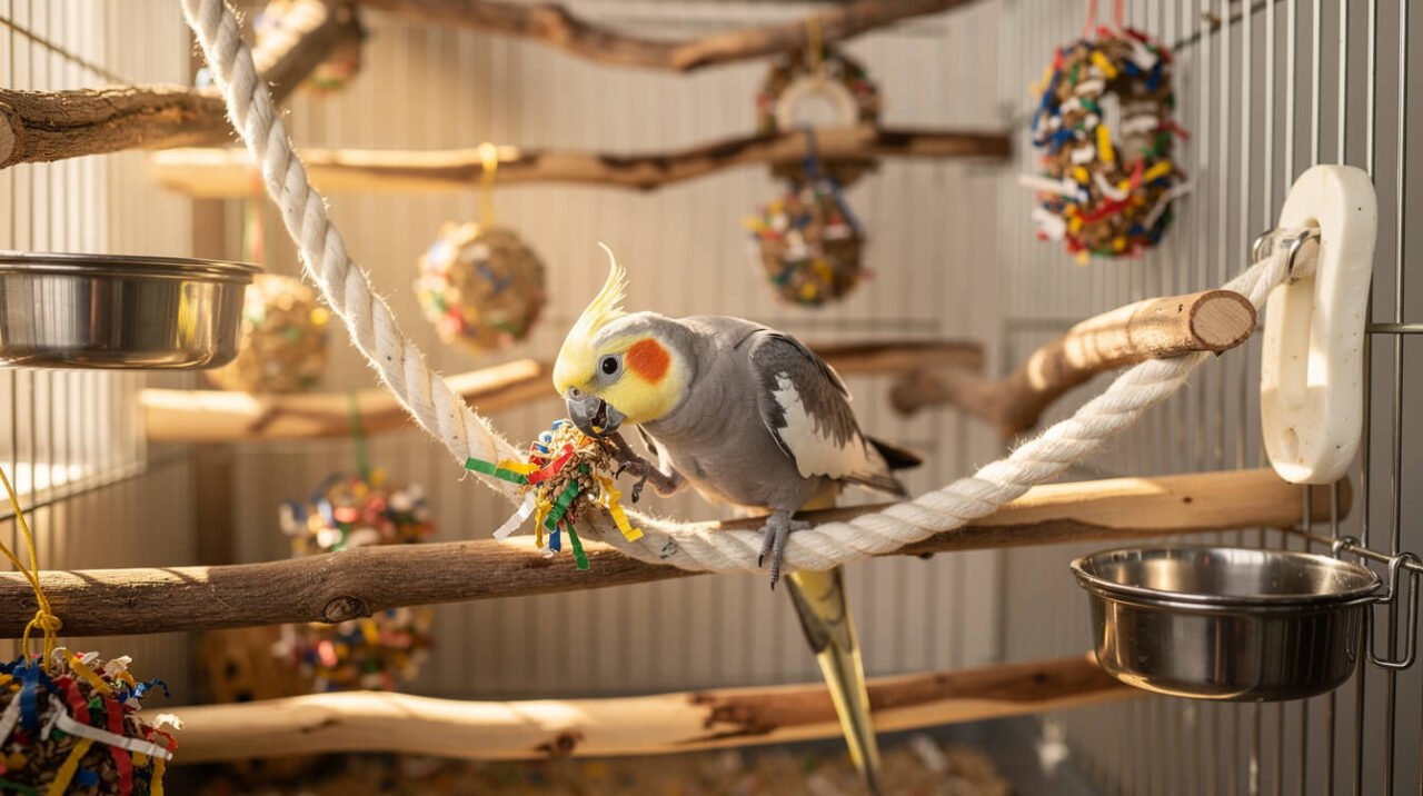 Natural wood perches, stainless steel dishes, and foraging toys inside a cockatiel cage