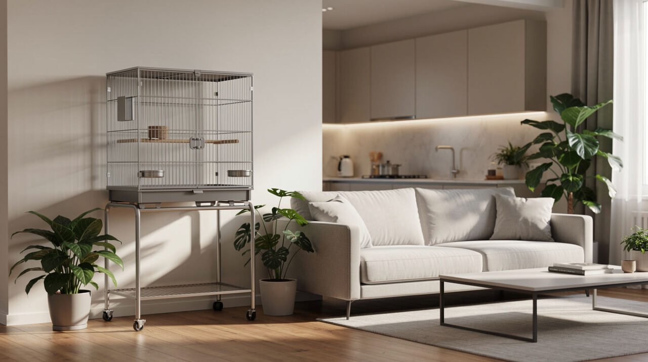 A wide bird cage on a stand placed against a wall away from the kitchen