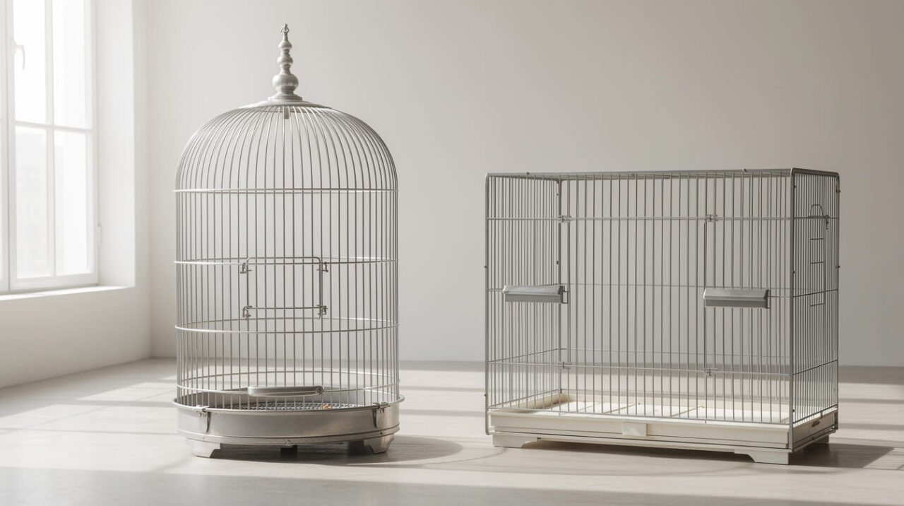 A tall wide-barred parrot cage beside a wider cage with narrow bar spacing