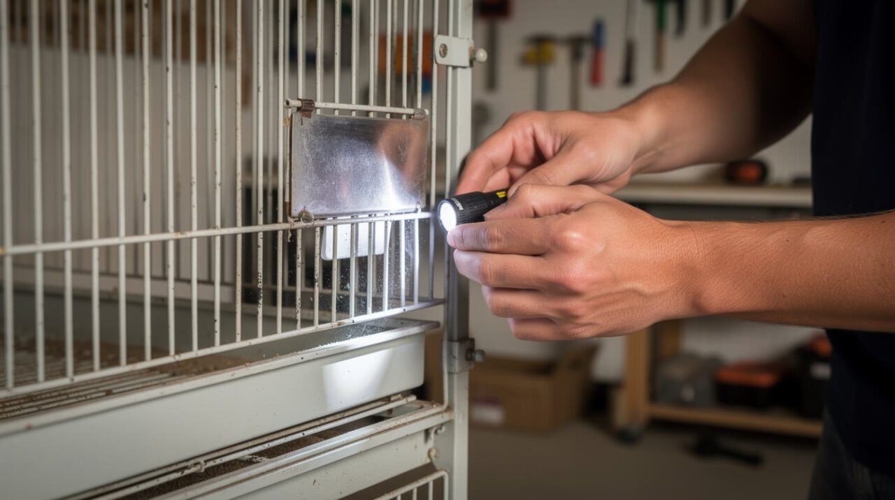 Hands inspecting the door frame and tray channel of a secondhand bird cage for rust