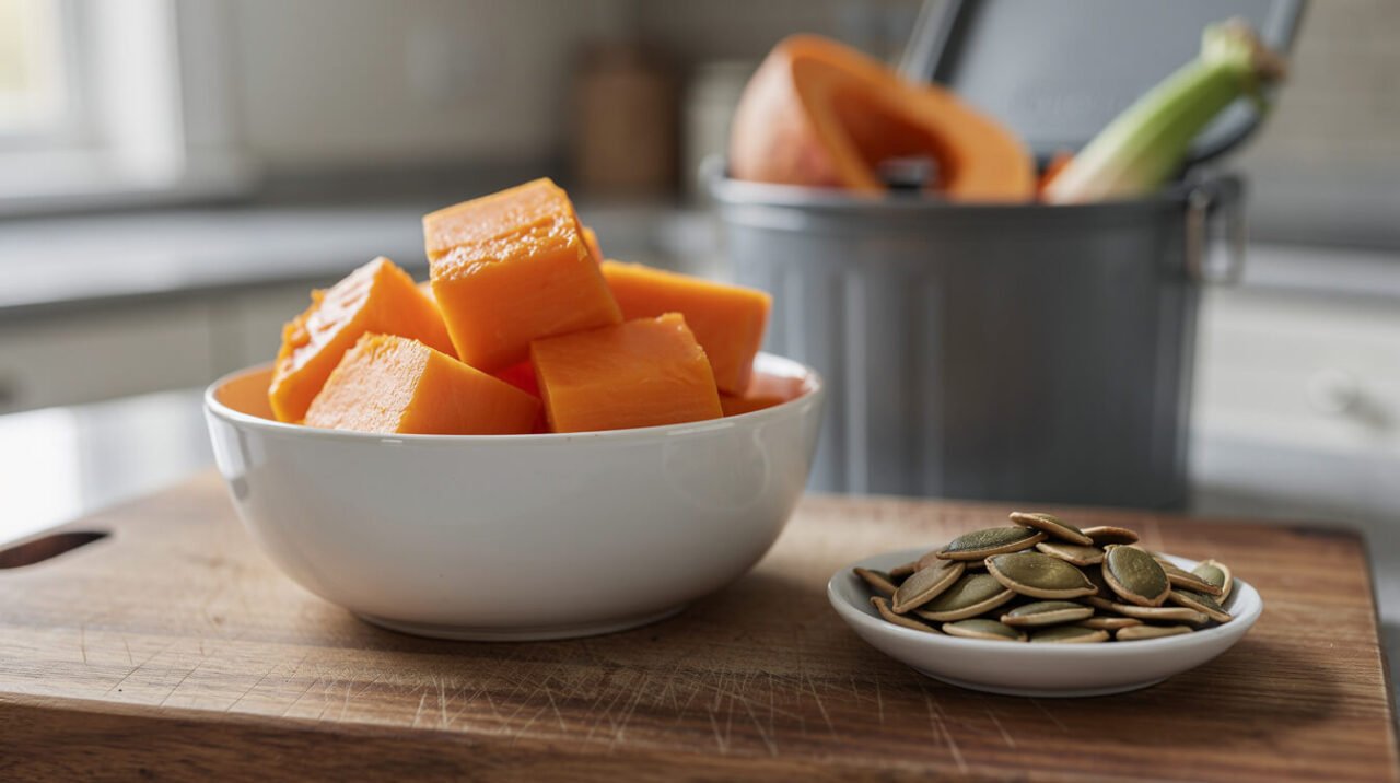 Peeled cooked pumpkin cubes in a bowl beside a small dish of plain roasted pumpkin seeds