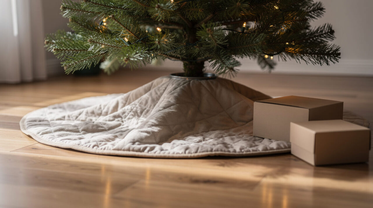 A Christmas tree stand fully covered by a quilted tree skirt so a cat can't drink the water