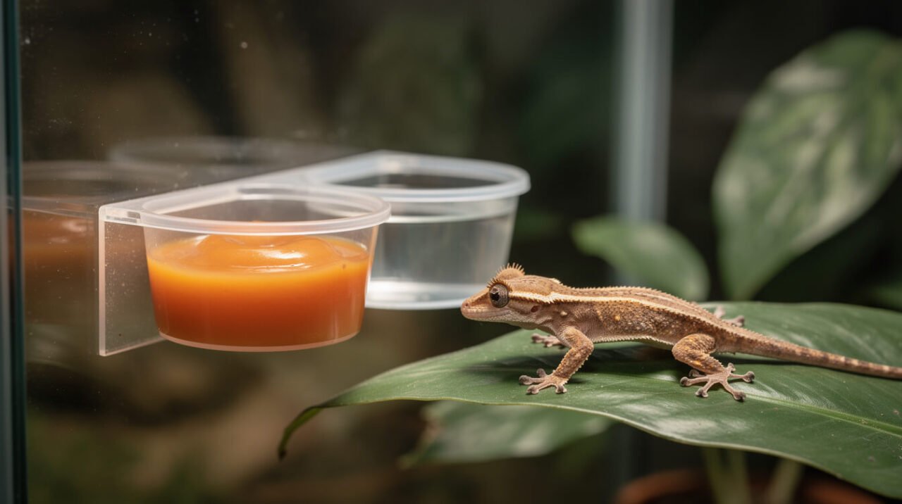 Crested gecko approaching a feeding ledge with a cup of powdered diet and a cup of water