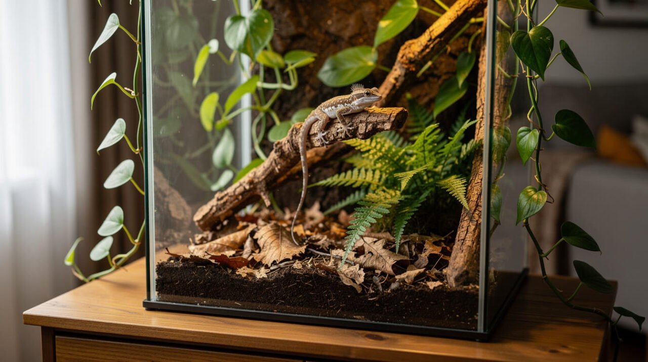 Tall planted glass terrarium with cork branches and a crested gecko resting halfway up