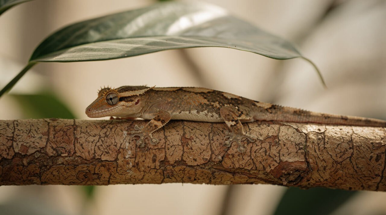 Crested gecko resting during the day on a branch beneath a shading leaf