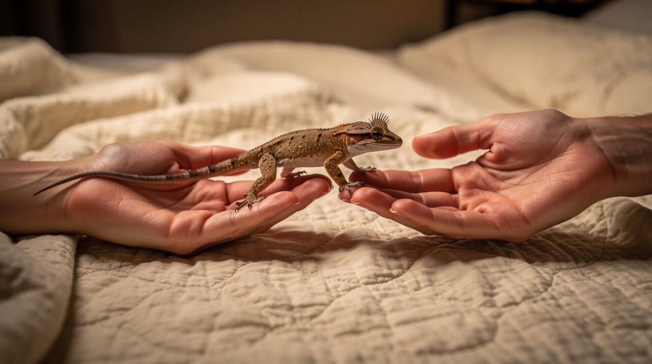 Crested gecko walking between two open hands held low over a soft blanket