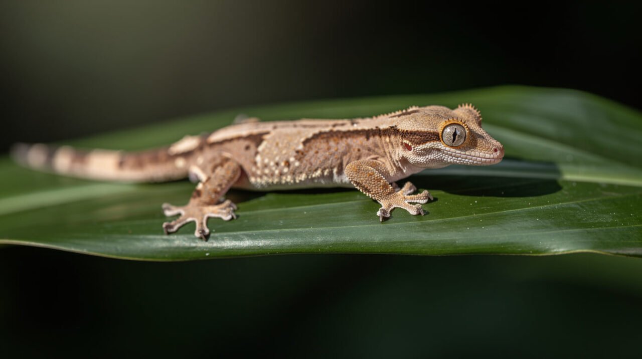 Healthy crested gecko with clear eyes and smooth skin resting on a leaf