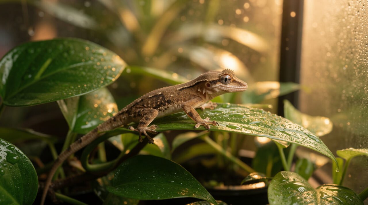 Water droplets on terrarium leaves after evening misting with a crested gecko nearby