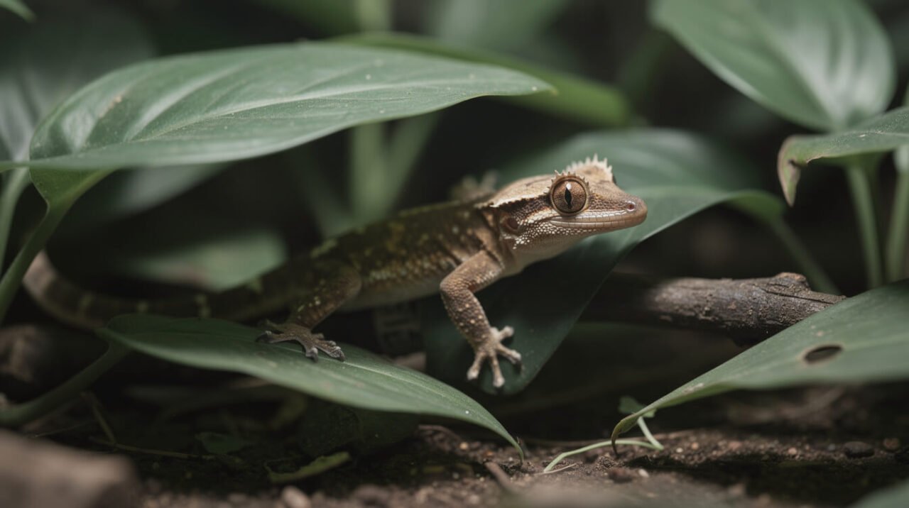 Crested gecko resting in cool shade under large leaves low in a terrarium