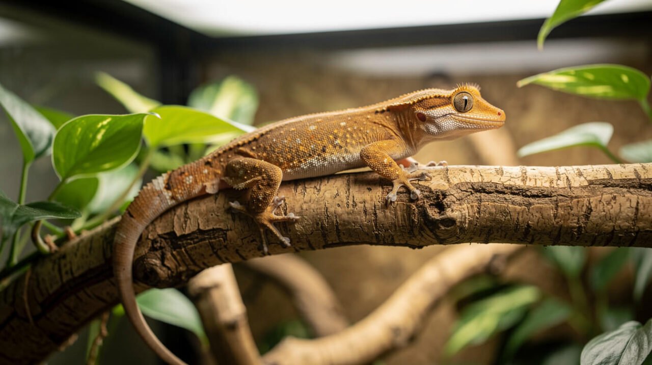 Crested gecko on a high cork branch in soft diffused light near the top of its enclosure
