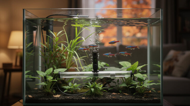 Aquarium heater mounted horizontally near the bottom of a planted tropical tank with neon tetras