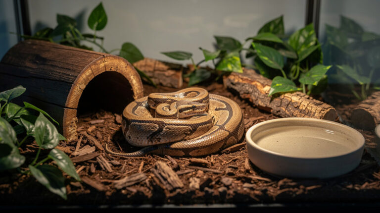 Ball python coiled on cypress mulch beside a wooden hide in a partly shaded terrarium