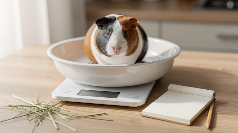 Guinea pig sitting in a white tub on a digital kitchen scale for a weekly weigh-in, with a notebook and hay nearby