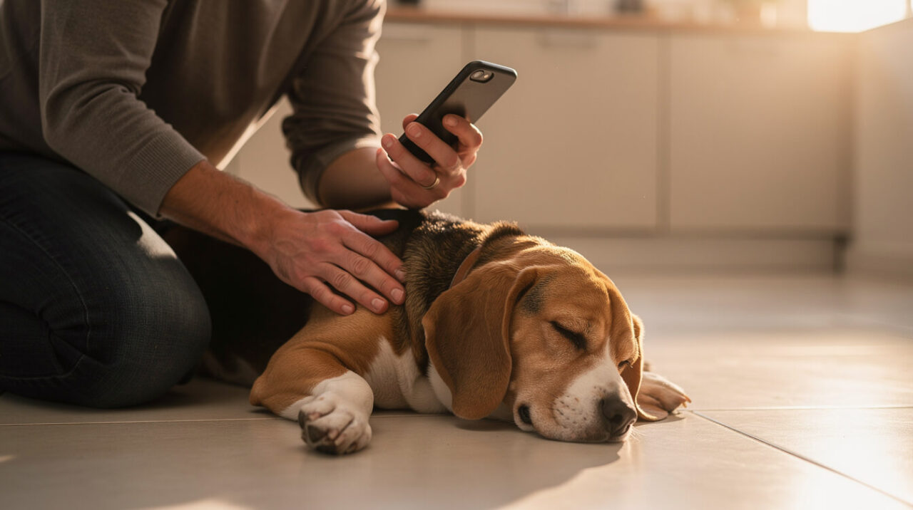 A calm owner kneeling beside a relaxed beagle on a kitchen floor while holding a phone