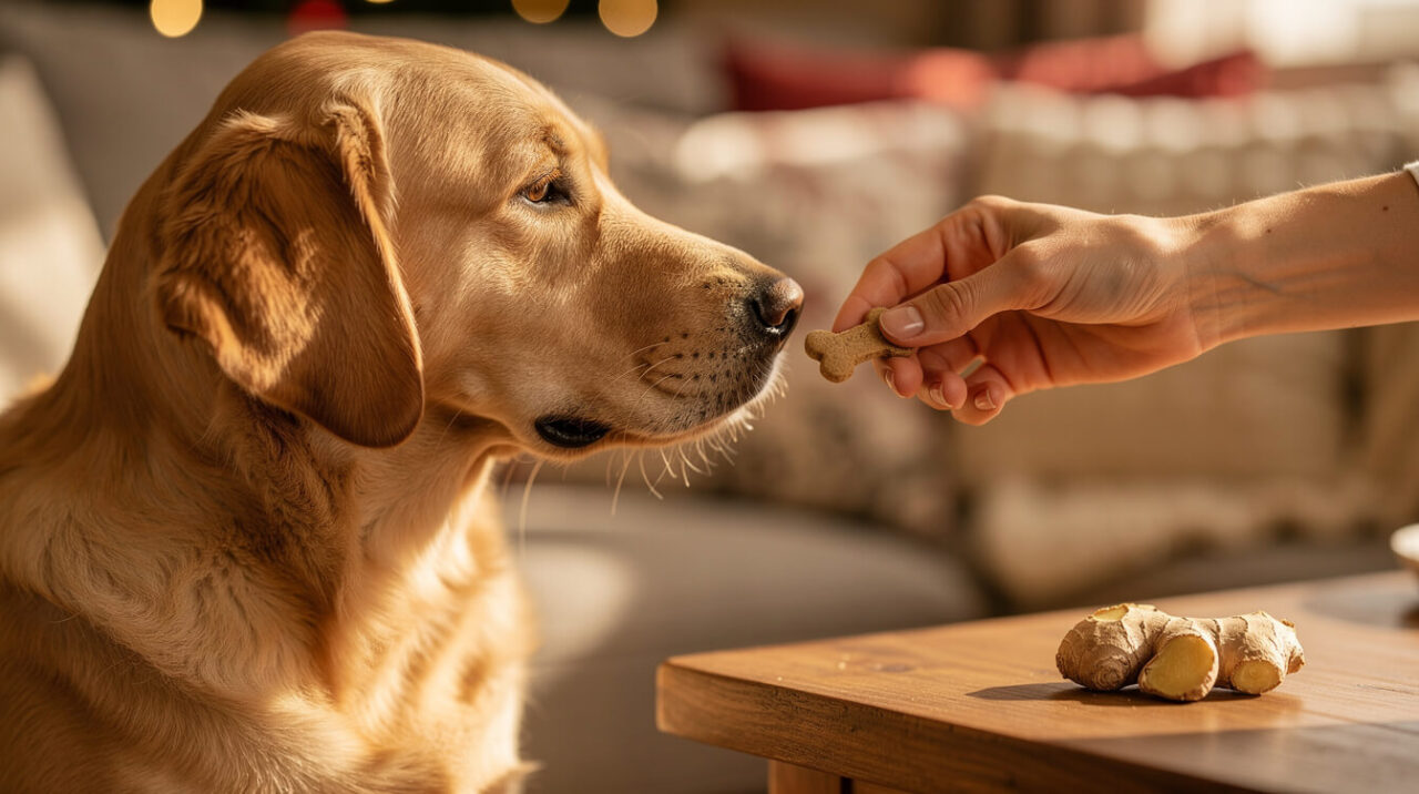 A hand offering a plain bone-shaped dog biscuit to a golden retriever sitting politely