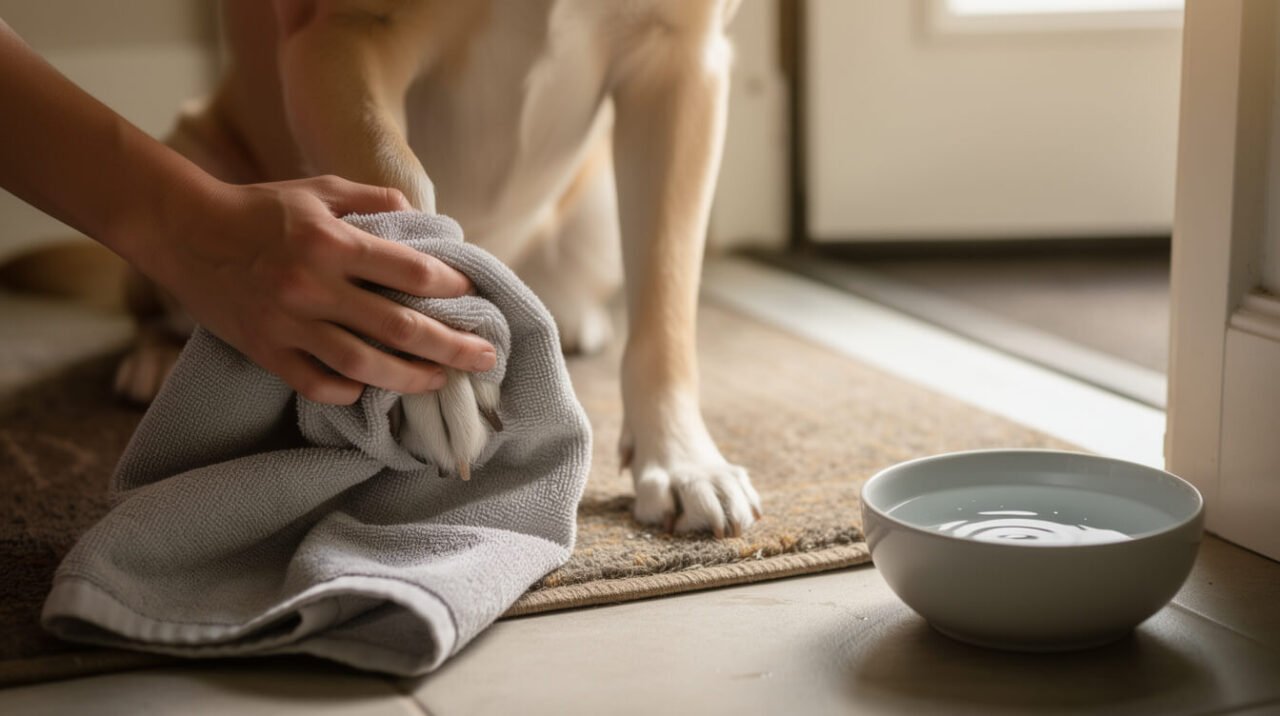 Owner gently drying a dog's front paw with a soft grey towel after a walk