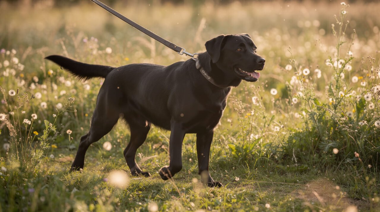 Black Labrador walking on a leash through a summer meadow of tall grass and wildflowers