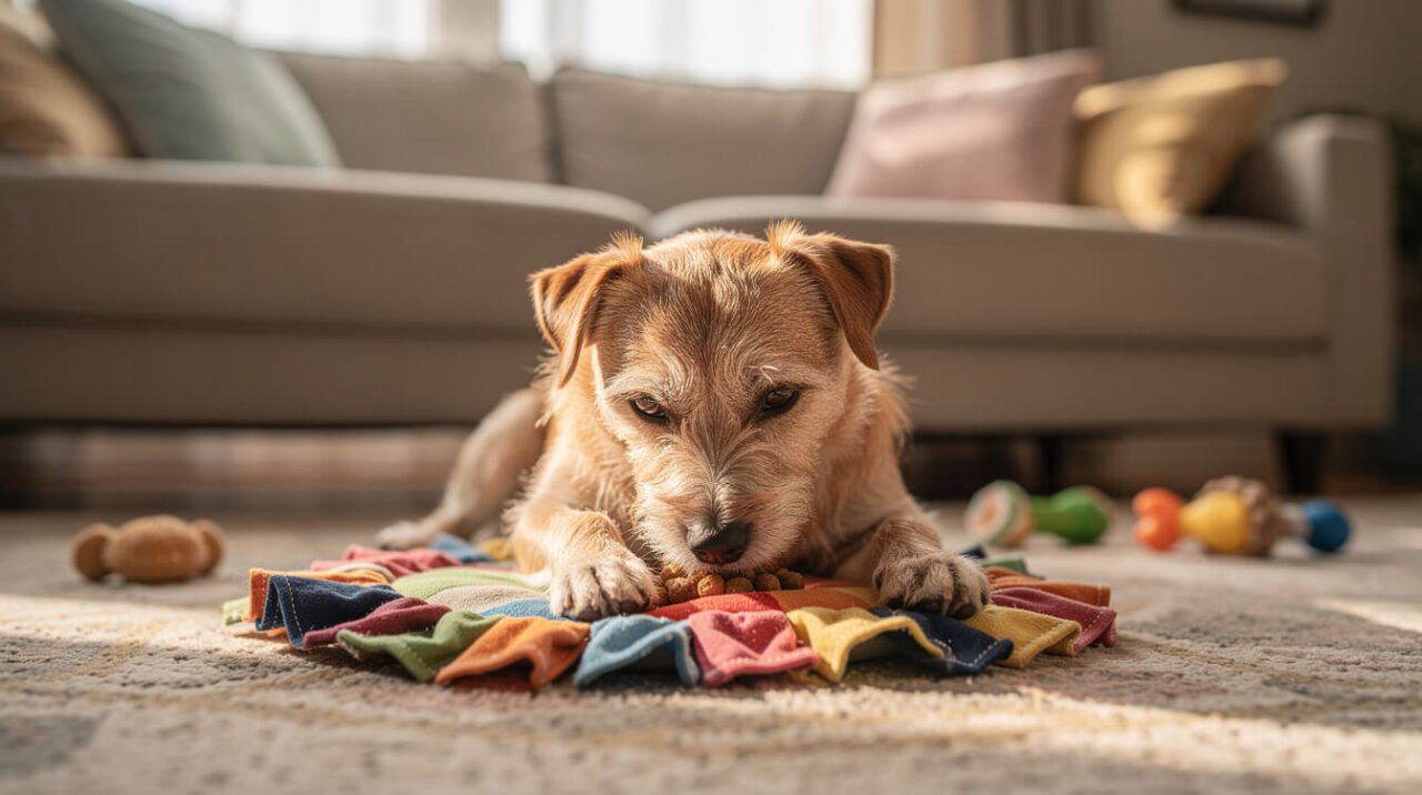 Border terrier happily searching a colorful snuffle mat for kibble on a living-room rug
