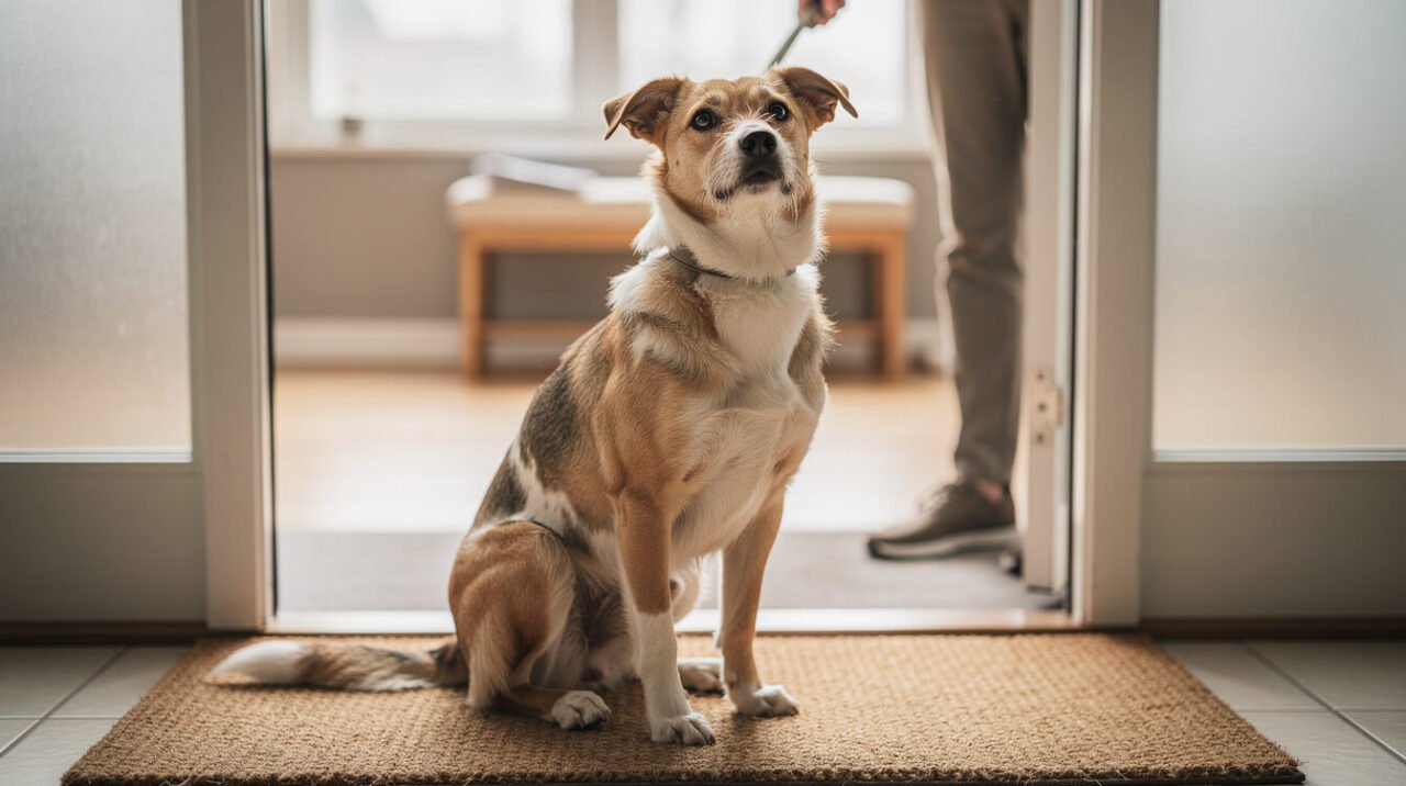 Mixed-breed dog sitting on a doormat after a walk, looking up at its owner