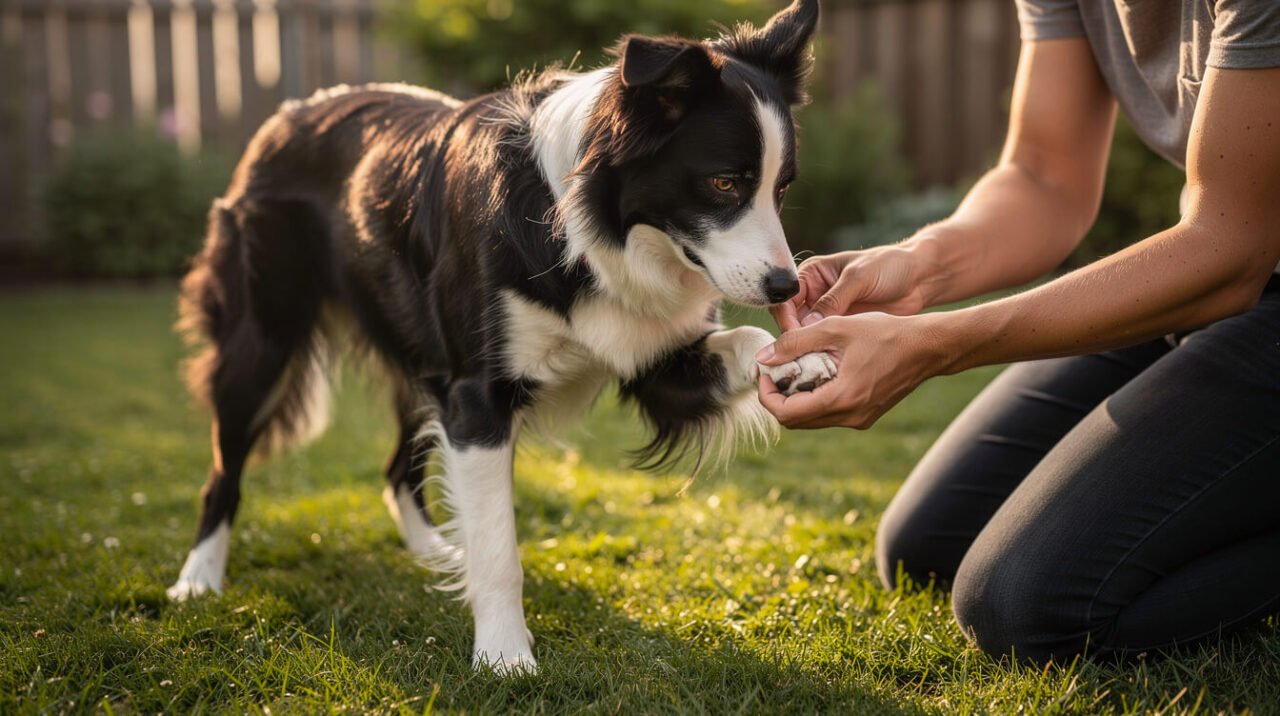 Owner kneeling on a lawn gently holding up a border collie's front paw to check between the toes