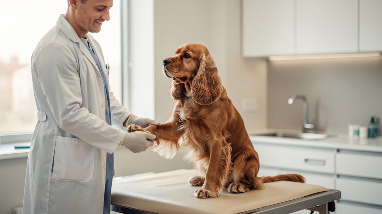 Veterinarian gently examining the front paw of a calm cocker spaniel on an exam table