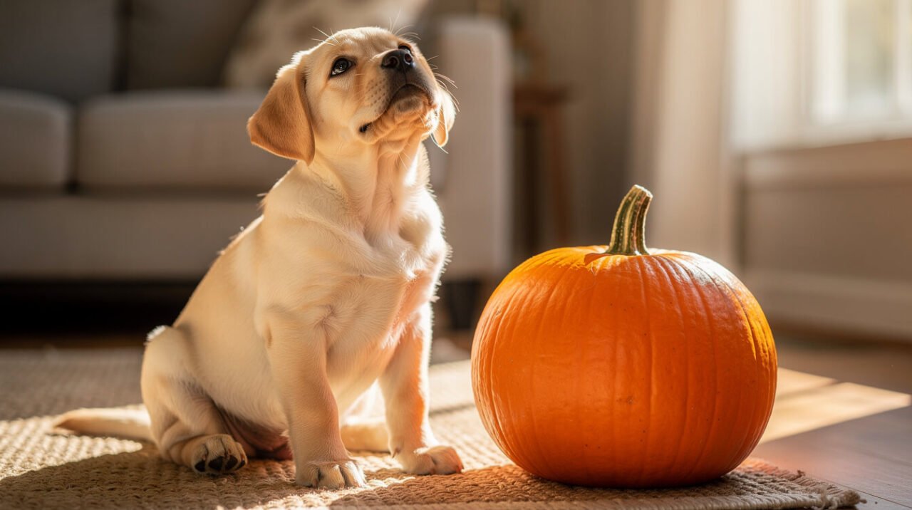 A yellow Labrador puppy sitting next to a whole fresh pumpkin