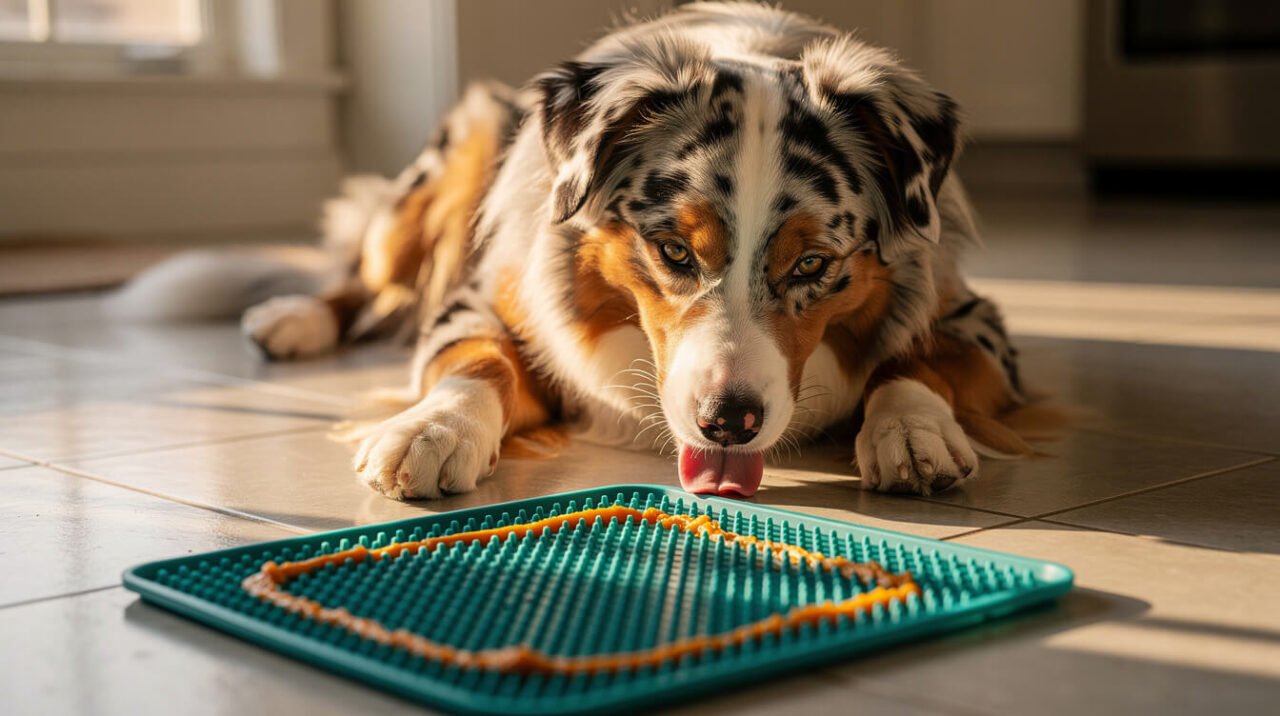 An Australian Shepherd licking a thin smear of pumpkin from a textured lick mat