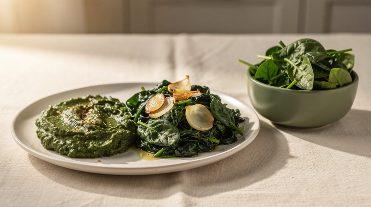 Sauteed spinach with garlic and onion beside a separate bowl of plain chopped spinach
