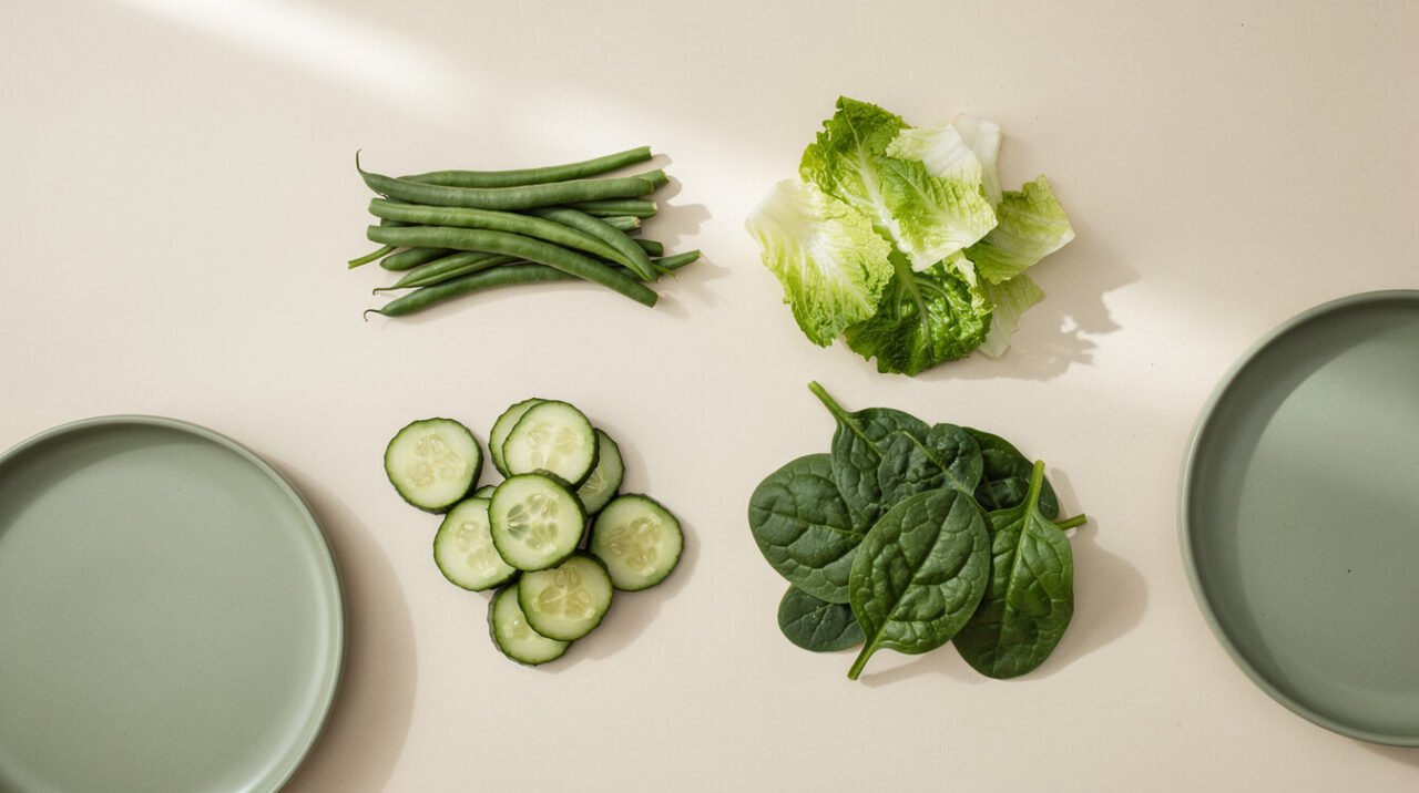 Dog-safe vegetables: green beans, cucumber, romaine, and raw spinach