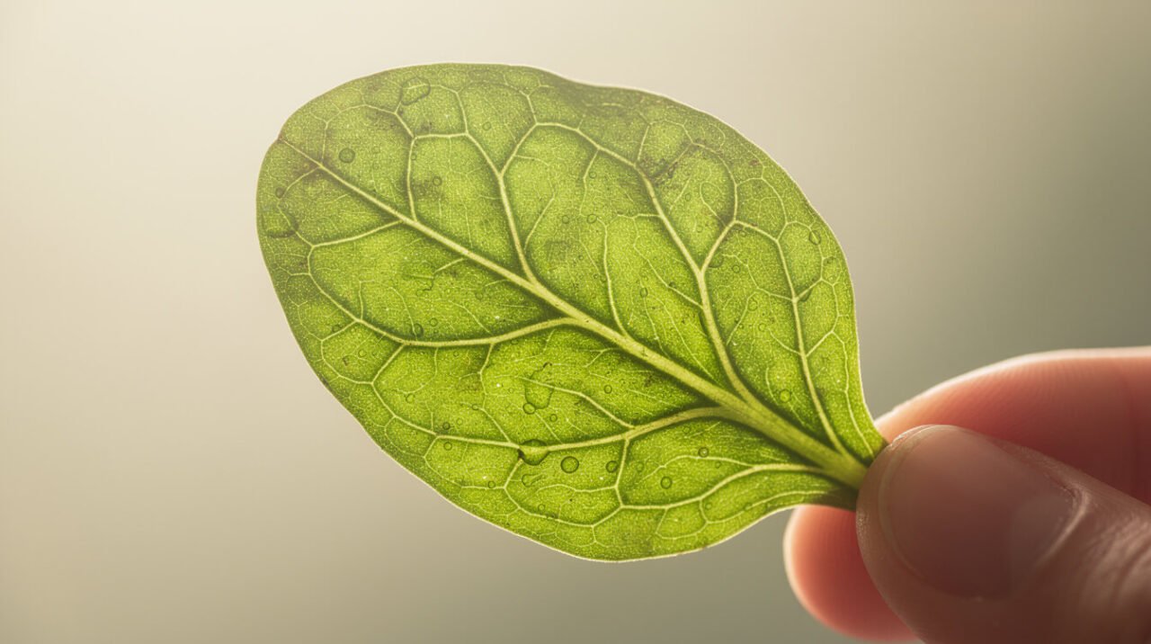 Backlit raw spinach leaf showing the fine veins that carry its oxalic acid