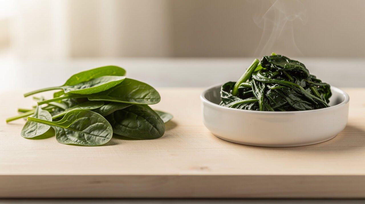 Raw spinach leaves beside lightly steamed spinach, compared side by side