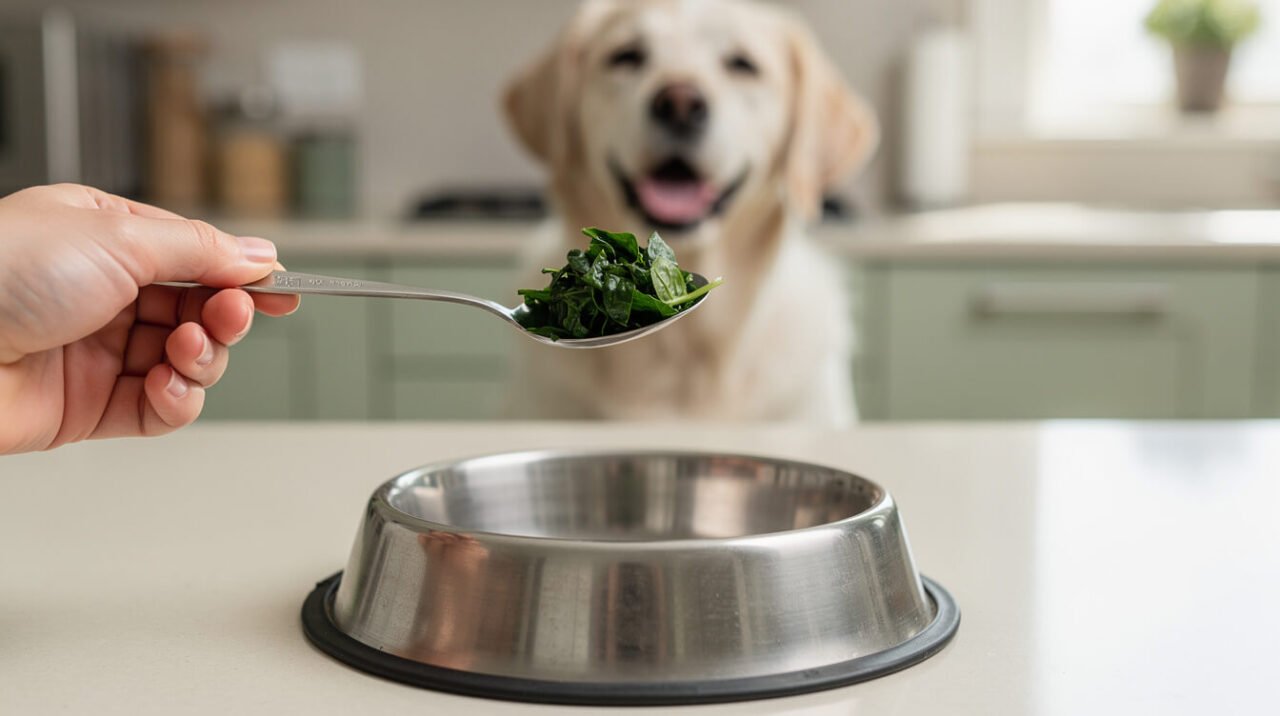 A quarter teaspoon of finely chopped raw spinach measured out for a small dog