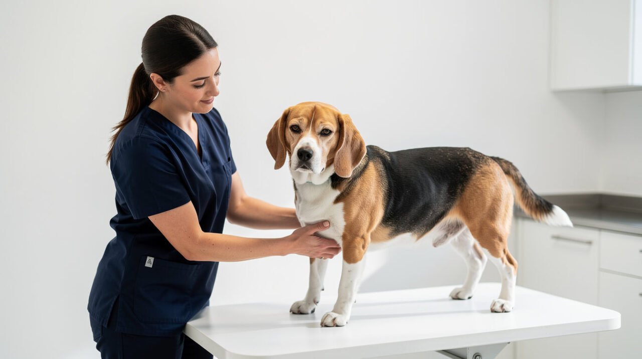 A veterinarian gently examining a calm beagle's belly on an exam table