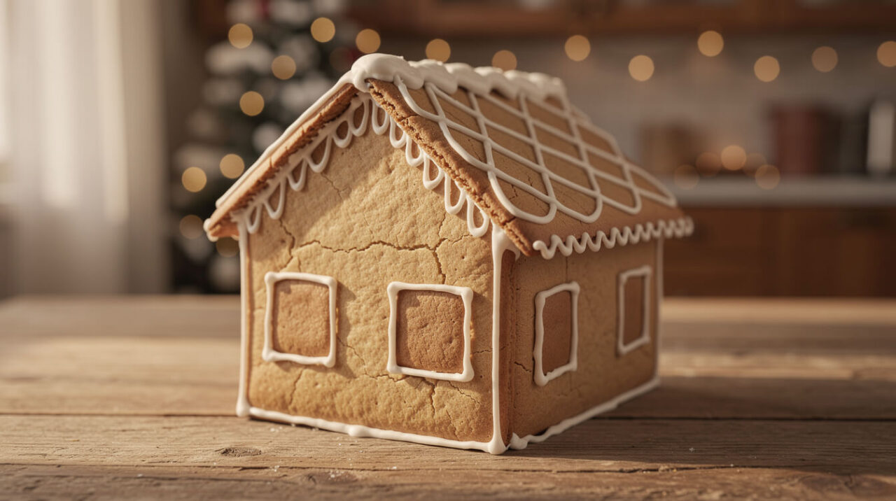 A homemade gingerbread house decorated with white royal icing on a wooden table