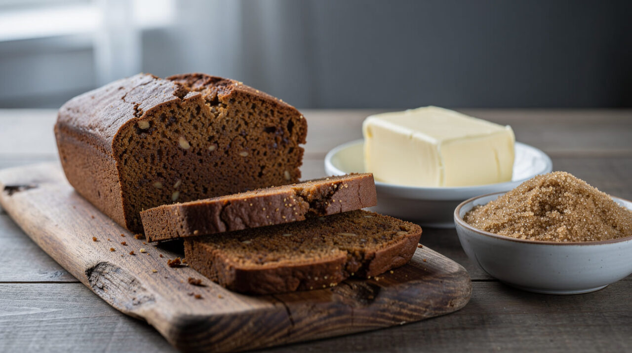 A sliced molasses gingerbread loaf with butter and brown sugar on a wooden board