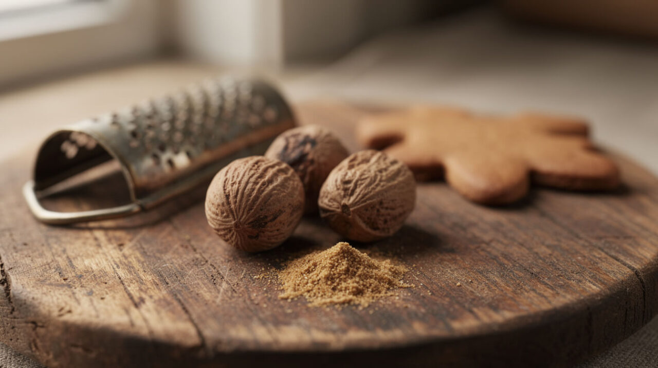 Whole nutmeg seeds and a grater beside a tiny pinch of ground nutmeg