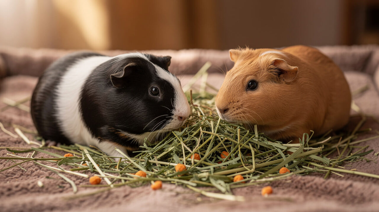 Two guinea pigs foraging for tiny pieces of pumpkin hidden in timothy hay