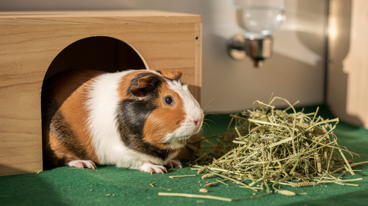 A healthy tricolor guinea pig resting at its wooden hideout beside fresh hay