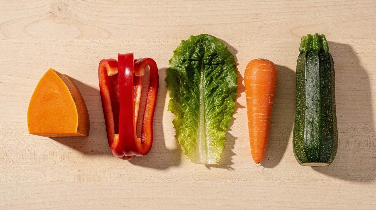 Raw pumpkin wedge beside red bell pepper, romaine, carrot, and zucchini for comparing guinea pig vegetables