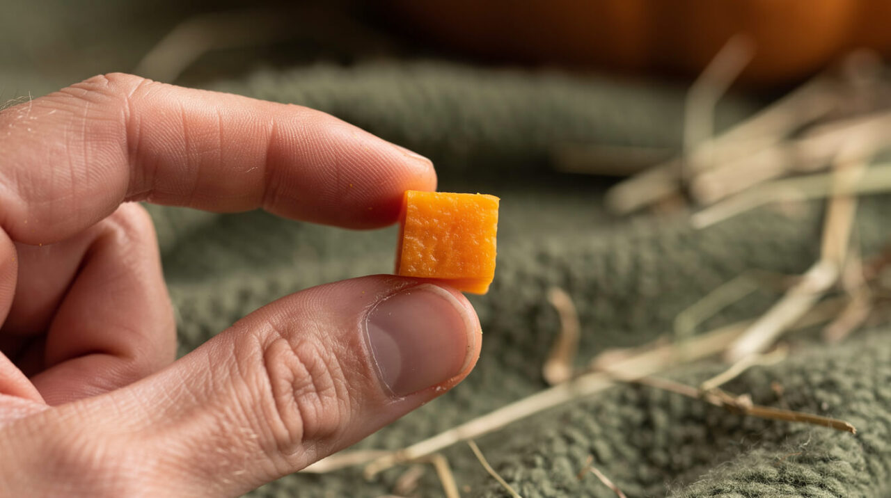 A single half-inch cube of raw pumpkin held between fingertips, a guinea pig sized portion