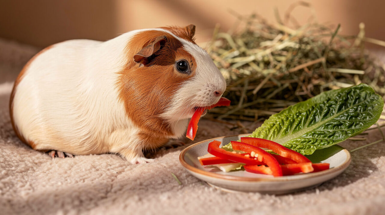 Guinea pig eating a strip of red bell pepper, a high vitamin C vegetable